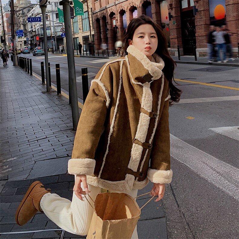 皮毛一体中长款女2023冬季新款加厚保暖外套,女装短外套,秋水欣儿