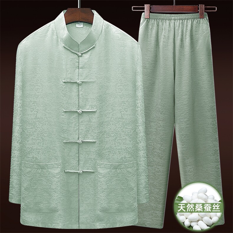 25新款夏款中老年风唐装真丝绸长袖套装太极服套装，男装休闲套装，钱塘723