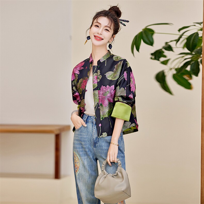 提花西装外套女短款2025春季新款立领新中式风流行上衣,女装短外套,水衣源