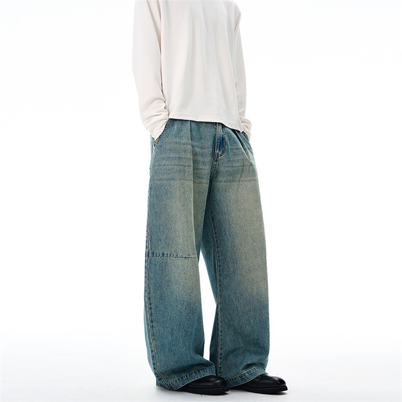 2025秋冬日系韩版弧形褶皱休闲牛仔裤男直筒宽松复古蓝弯刀长裤子，男装牛仔裤，星座301D-3