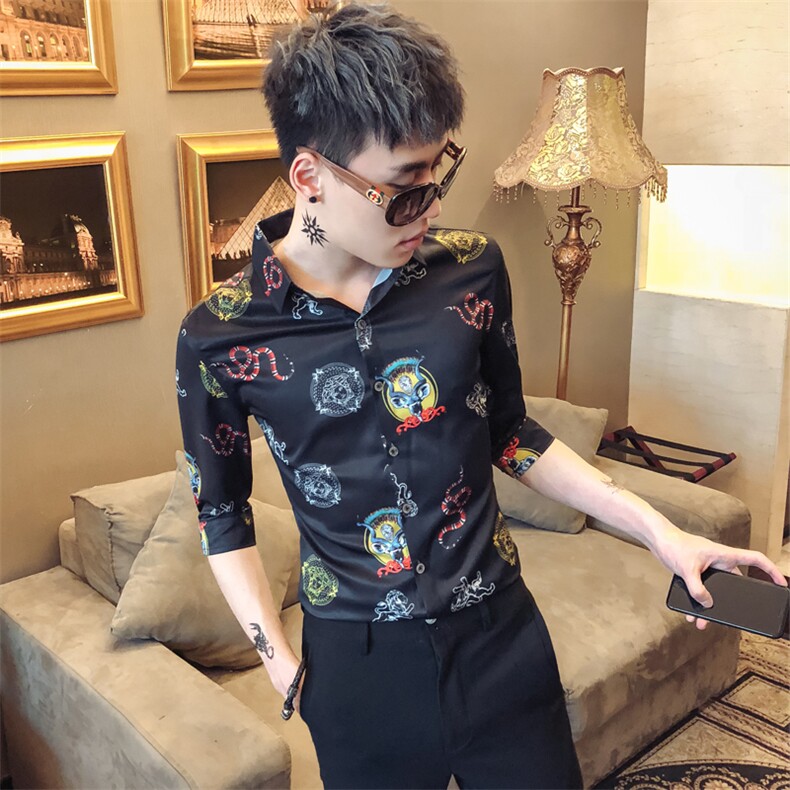 2021夏新款男社会风休闲衬衫修身七分袖发型师衬衣工作服D447图片