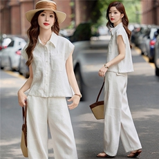 2026夏季新款天丝亚麻无袖衬衫两件套休闲透气贵气时尚直筒裤套装，女装衬衫，梦懿尔