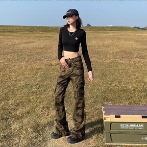复古多口袋微喇直筒迷彩工装裤男女高街立体线条感长裤AM108 P56图片