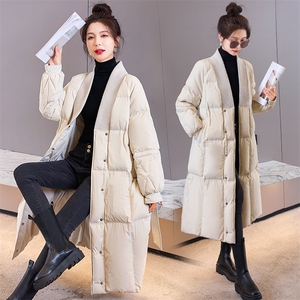 羽绒服女中长款过膝2024年新款冬季宽松V领收腰系腰带显瘦白鸭绒