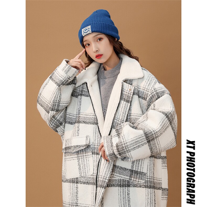 毛呢羊羔绒外套秋冬格子加绒加厚棉服美式高街外套A170-M809-P128图片