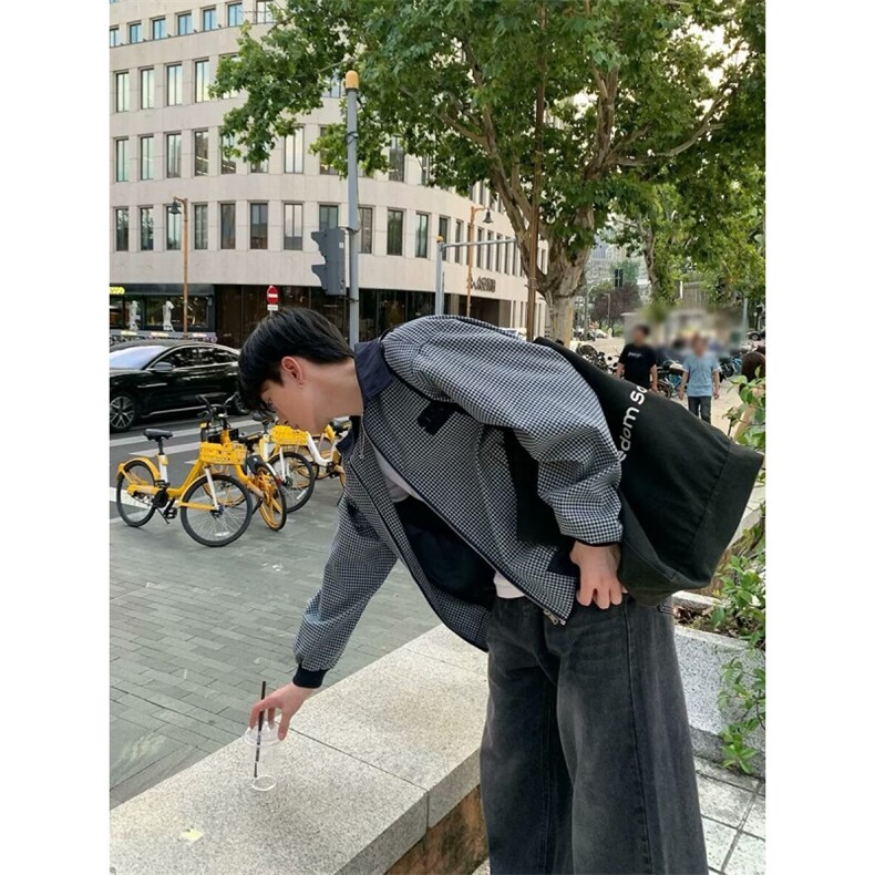 美式黑白千鸟格纹短外套男秋季新款上衣运动休闲夹克A727-P56,男装夹克,星座1109-3
