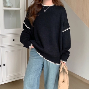 撞色圆领套头针织白色毛衣女宽松韩版秋冬设计感小众上衣图片