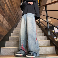 DT1731-P58美式潮牌巴家风拼接条纹阔腿长裤宽松做旧直筒牛仔裤，男装牛仔裤，星座603-2