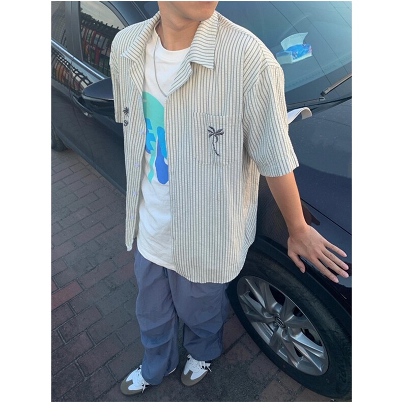 椰树刺绣古巴领条纹短袖衬衫男夏翻领宽松休闲C336,男装衬衫,星座1116A（原606A-3）