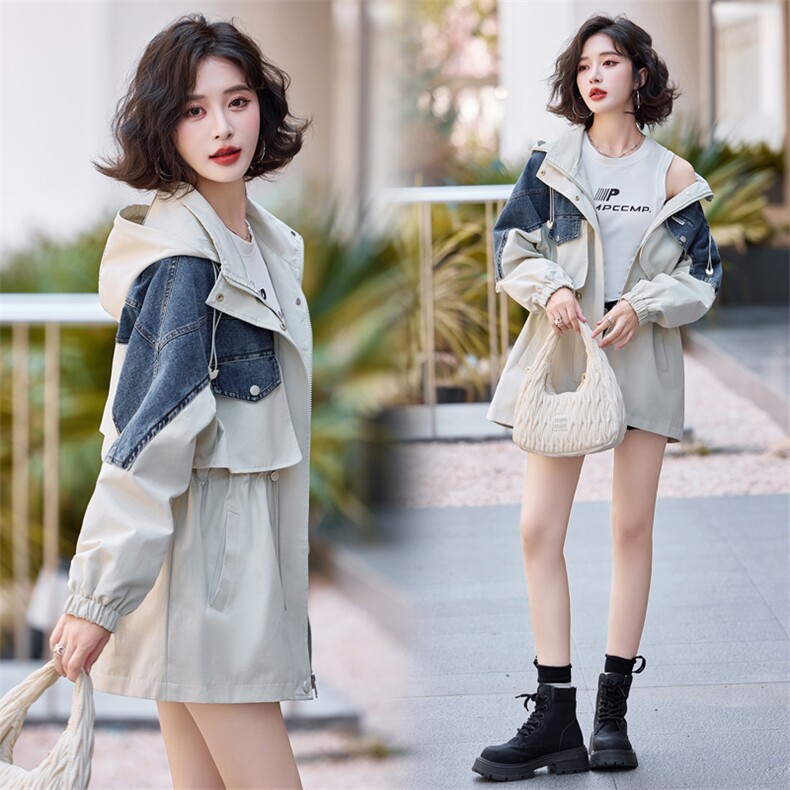 港风连帽风衣女中长款2024秋季新款韩系宽松休闲时尚拼接牛仔外套，女装风衣，悦祺