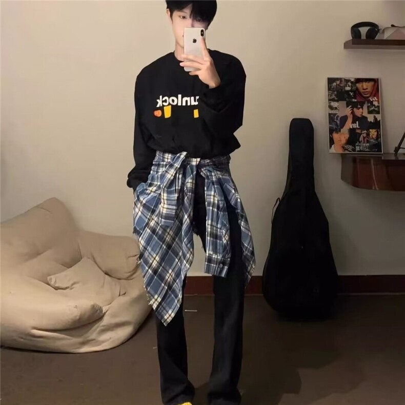 网络图春秋蓝色毛边长袖格纹宽松衬衫男女上衣休闲外套潮C157,男装衬衫,星座1116A（原606A-3）