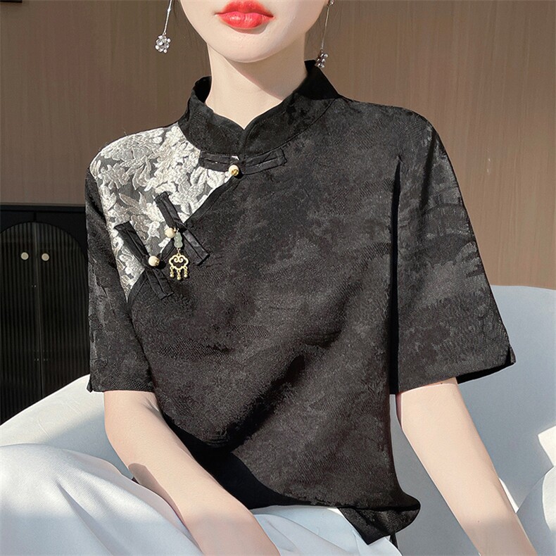 新中式国风绣花真丝衬衫女士短袖立领小衫高级感气质桑蚕丝上衣夏,女装T恤,佳绒高端店