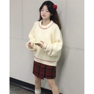 甜美杏色圆领套头毛衣女学生冬季学院风软糯百搭针织衫 M6188图片