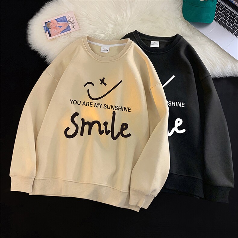 W387P35加绒45笑脸卫衣秋冬新款打底衫宽松套头圆领无帽上衣服t,男装T恤,星座304A-1