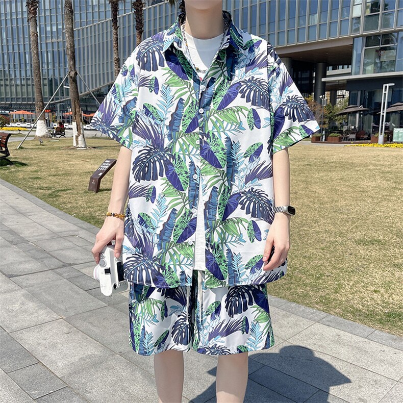 热带植物沙滩套装宽松花衬衫男短袖两件套TZ882/880衣35裤23/TP58,男装衬衫,电商A012