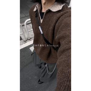 重磅北极绒假两件衬衫领毛衣美式高街复古休闲慵懒纯色翻领针织衫图片