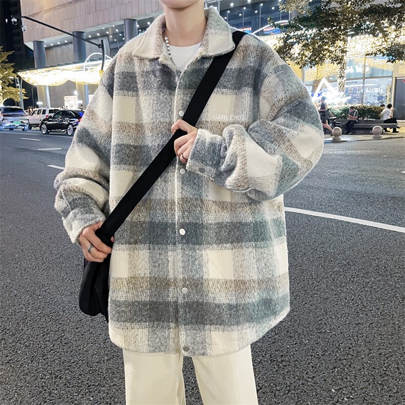 A990-P75潮街头情侣条纹上衣秋季美式宽松大格子毛呢外套,男装夹克,星座512-6