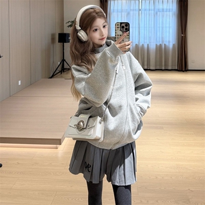抖音得物品质 26春装美式重磅结构斜拉链高领连帽卫衣开衫外套W61图片