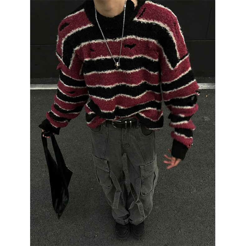 706-1-MY829-P85秋季美式宽松条纹破洞毛衣情侣撞色针织衫外套,男装针织衫/毛衣,星座706-1