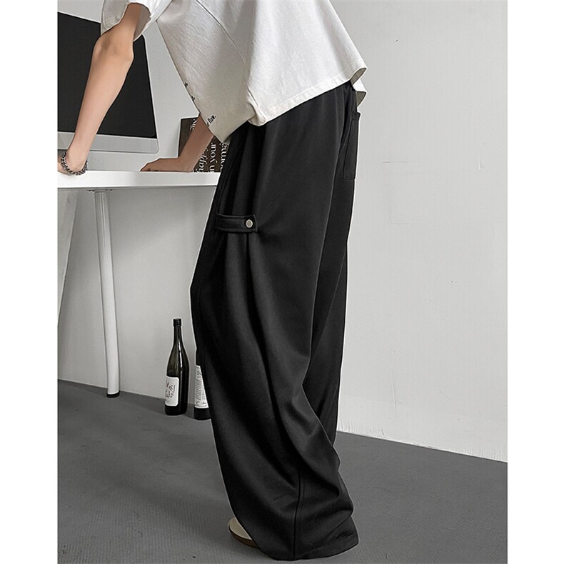 特批P35无差价夏季拼接褶皱扣袢拖地弯刀裤男大码百搭阔腿裤K5762，男装休闲裤，电商A001