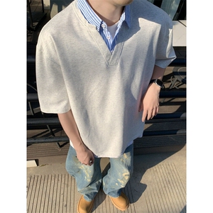 夏季重磅纯棉假两件衬衣纯色短袖上衣时尚个性潮男款图片