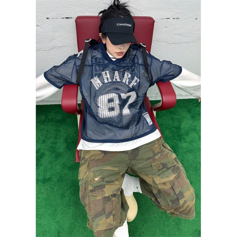 藏青色数字网眼球衣美式街头复古印花球服短袖t恤男女夏T190,男装T恤,星座1116A（原606A-3）