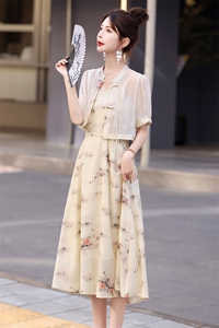 【昔】新中式流苏盘扣开衫外套+碎花吊带连衣裙24夏女图片
