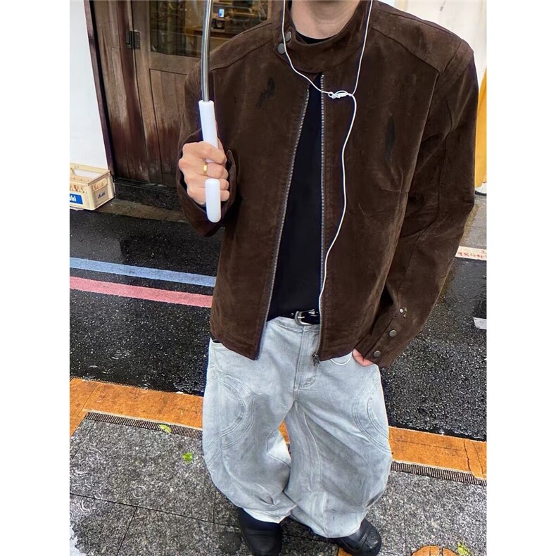 时髦录客美式复古百搭新款棕色麂皮立领夹克双拉链春季短外套女，男装夹克，星座813-3