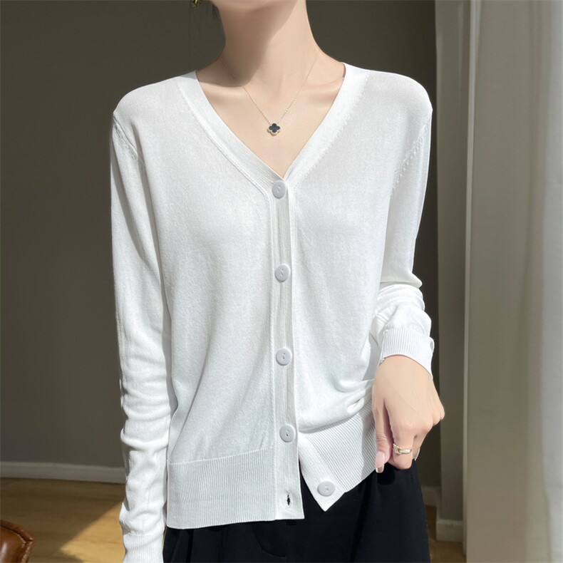 冰丝针织开衫薄款女外套搭配吊带裙2025新款夏季宽松防晒上衣V领，女装针织衫/毛衣，德尔信羊绒