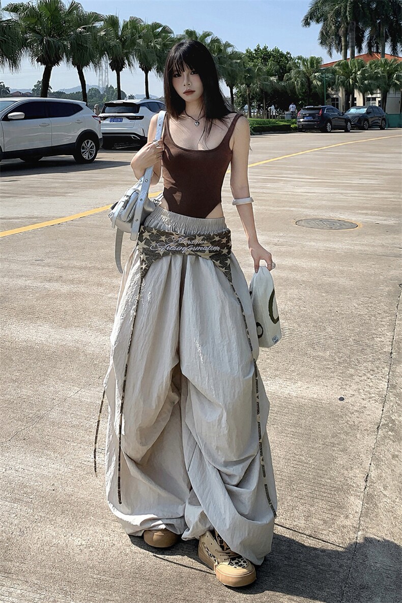 2025美式叠穿设计感绑带伞兵裤男女宽松休闲褶皱阔腿裤YD9043-P65,男装休闲裤,星座509