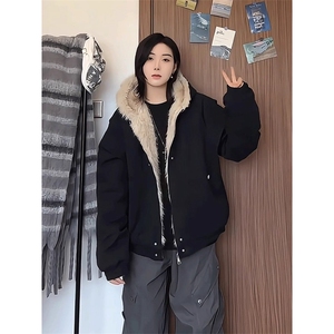 现货高品质美式高街冬季重磅硬挺短款座山雕毛领棉衣男女加厚外套图片