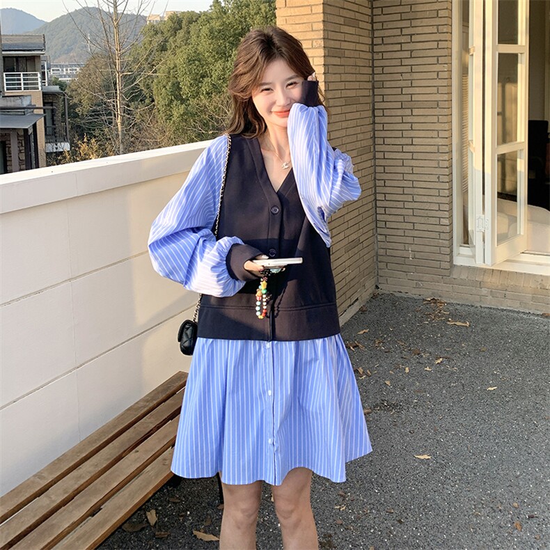 秋款现货！蓝色条纹马甲假两件连衣裙B208-9008-P145K208,女装连衣裙,浙宝208