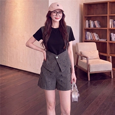 欧货时尚休闲套装女夏季新款气质拼接撞色假两件短袖短裤两件套潮，女装套装/套裙，江南