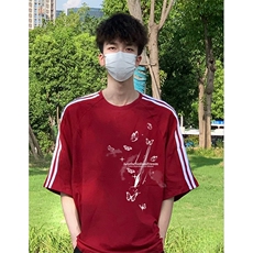 抖音得物高品质二开240克宽松纯棉美式潮牌三条杠织带短袖T恤，男装T恤，电商A486-1