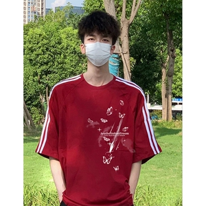 抖音得物高品质二开240克宽松纯棉美式潮牌三条杠织带短袖T恤图片