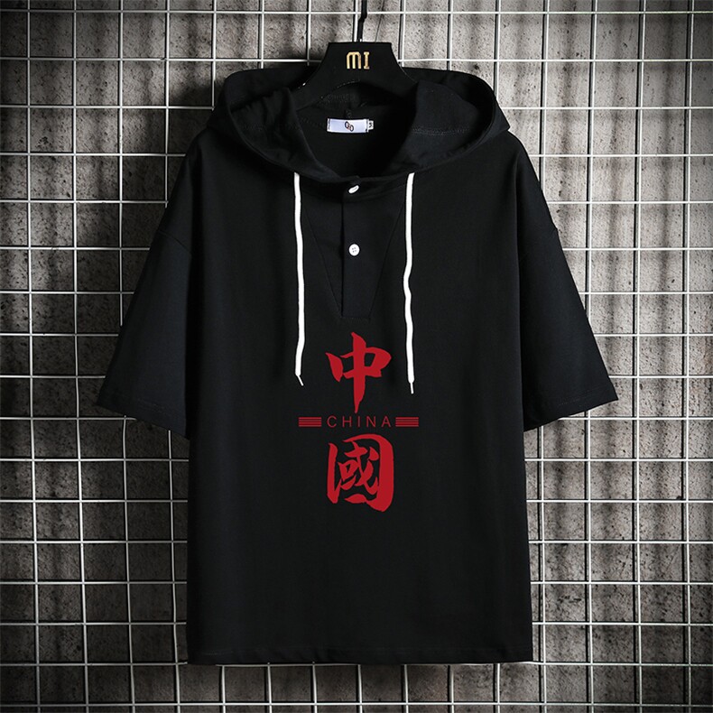 LD54198-P45 连帽短袖t恤男大码胖子带帽五分袖中袖 网格挂拍图片