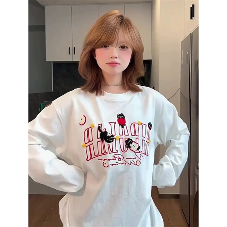 网图有货苹果猫刺绣长袖T恤男女宽松纯棉圆领情侣上衣A942-P40，男装T恤，星座1505