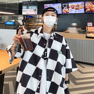 C6071/P35夏季新款格子冰丝短袖衬衫男女潮休闲衬衣宽松大码上衣图片