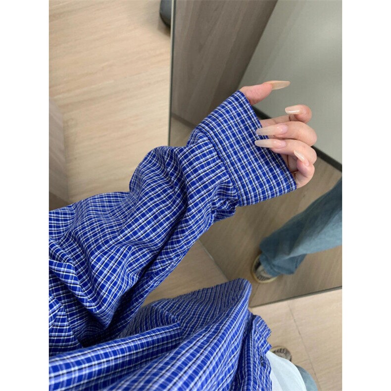 少年感蓝色格子衬衫男春秋季新休闲长袖衬衣CS552-特P30图片