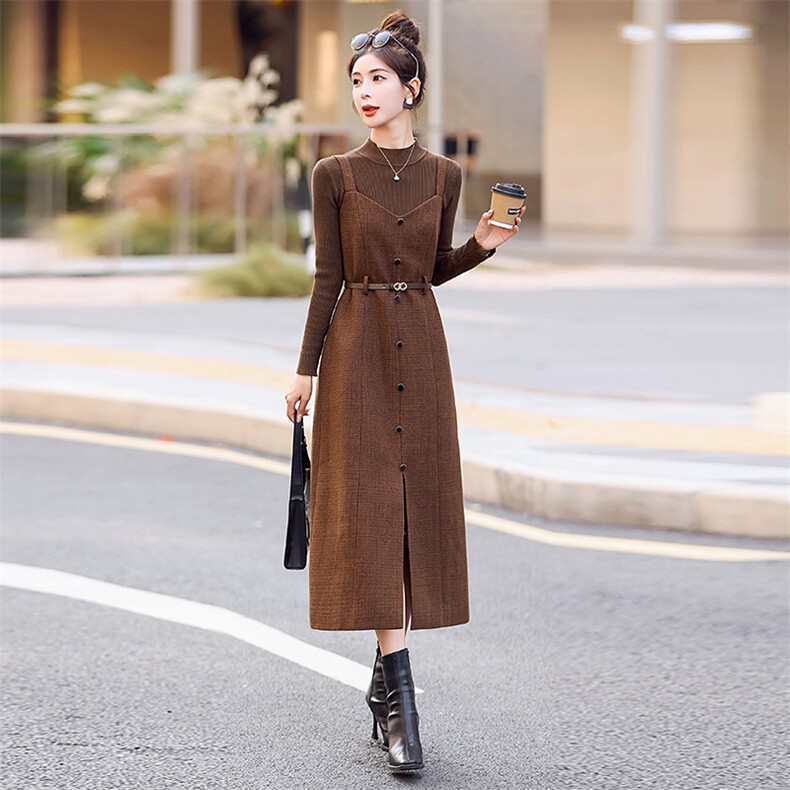 毛呢背带连衣裙女两件套女2025春秋新款气质修身显瘦加厚打底长裙,女装套装/套裙,蓝诺裳