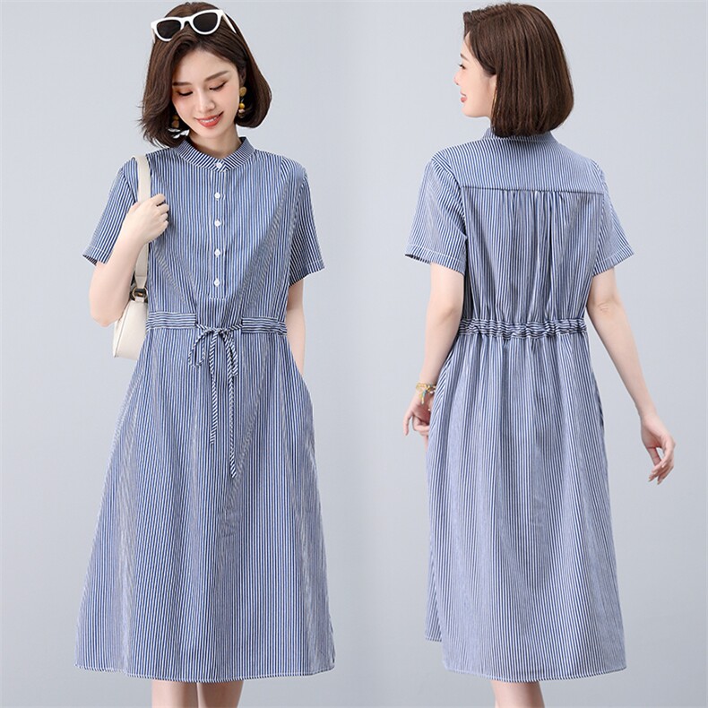 中年妈妈条纹连衣裙女2025夏季新款宽松休闲显瘦减龄气质衬衫裙子，女装连衣裙，江忆布依