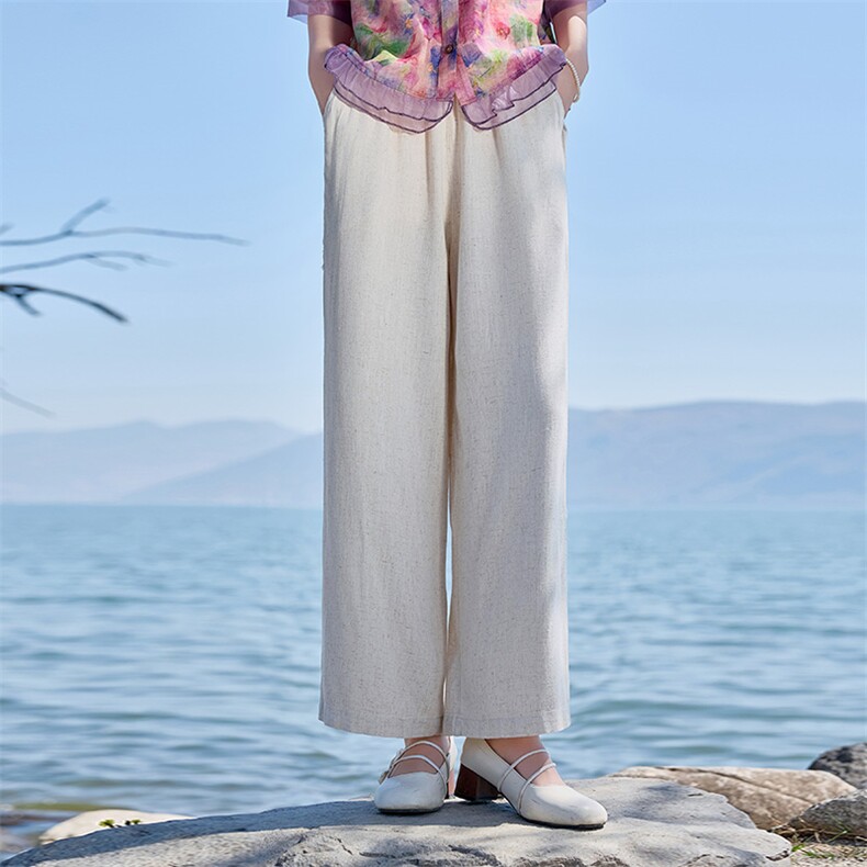 2026年春夏季亚麻女士文艺风通用阔腿裤中腰亚麻棉，女装休闲裤，江南依恋