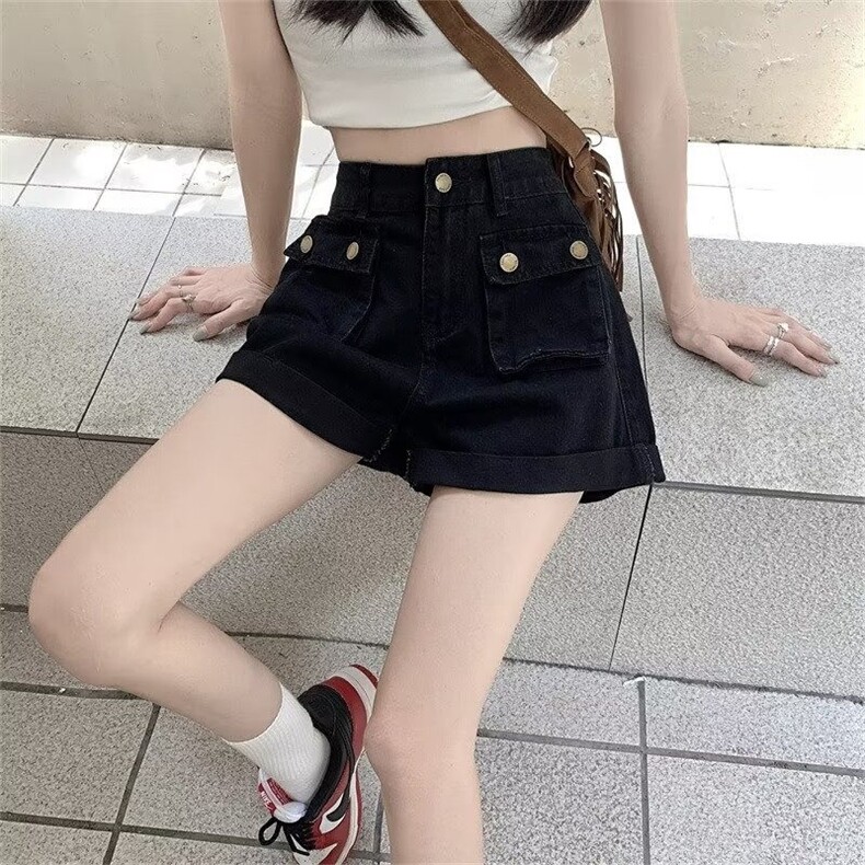 韩版复古百搭高腰阔腿牛仔短裤女2025春夏季工装口袋宽松显瘦短裤,女装牛仔裤,星座506A