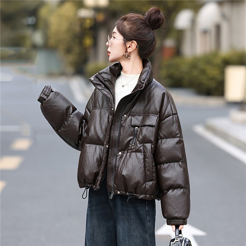 高端柔软蛋白皮时尚羽绒服女免洗立领皮衣时尚韩版时尚2026冬新款,女装羽绒服,意芙