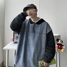 秋港风假两件卫衣拼牛仔连帽夹克外套休闲宽松百搭工装H201/P70，男装夹克，钱塘713