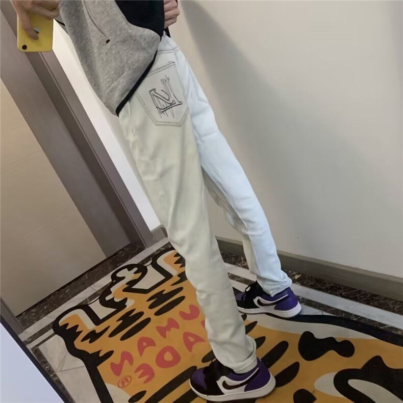 浅灰色字母印花牛仔阔腿裤男春款高腰炸街直筒休闲小脚裤,男装休闲裤,星座506A