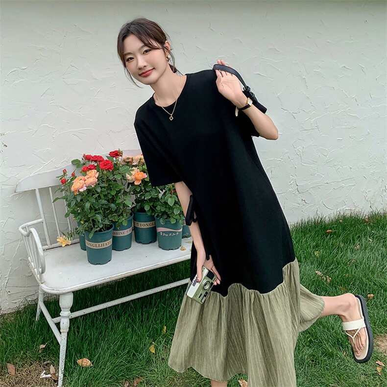 撞色拼接T恤连衣裙女2025年夏季新款高级感宽松气质显瘦过膝长裙,女装连衣裙,维壹