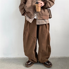 宽松型翻领2024新款春季多褶裤休闲裤文艺风拼接宽松纯色男，男装休闲裤，星座716-2