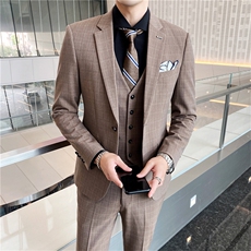 西服套装三件套男士商务休闲正装外套修身宴会结婚礼服格子小西装，男装西服套装，星座505-2（原电商A260-1)