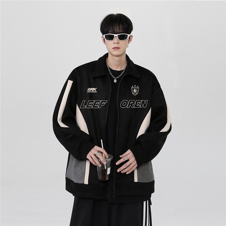 春季美式麂皮绒运动夹克男撞色拼接棒球服高街痞帅外套特p68,男装夹克,电商C307